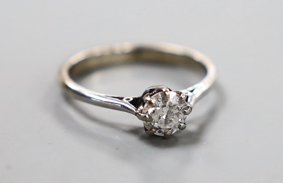 An 18ct and solitaire diamond ring, the stone weighing approx. 0.30ct, size J, gross weight 2.3 grams.